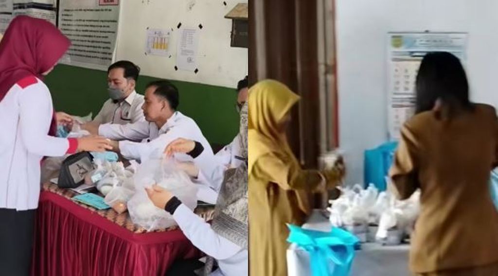 Guru memindahkan makanan MBG dari tote bag SPPG ke plastik sebelum dibagikan kepada siswa. 