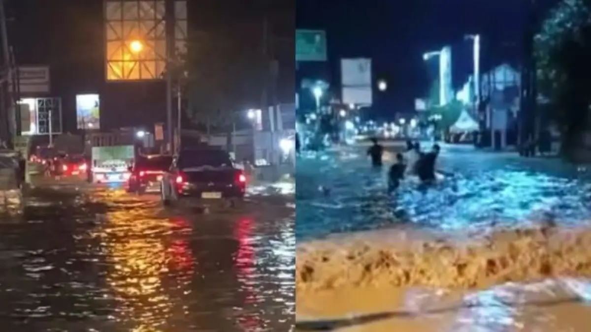 Banjir terjadi di Ketanggungan, Brebes yang menjadi jalan arus balik usai mudik Lebaran. (Instagram/fadhpliambarr - humasresbrebes)