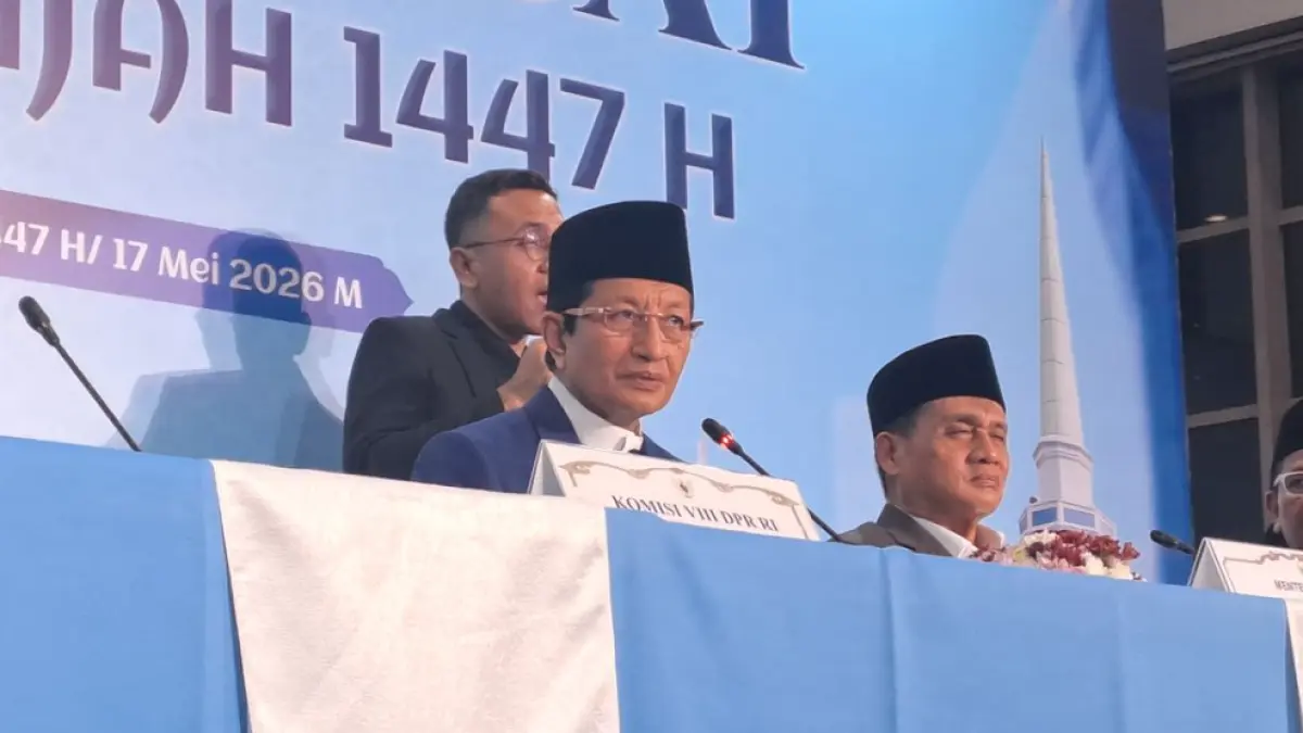 Menteri Agama Nasaruddin Umar memberikan keterangan pers usai sidang menetapkan awal Zulhijah sekaligus Hari Raya Iduladha 1447 H.