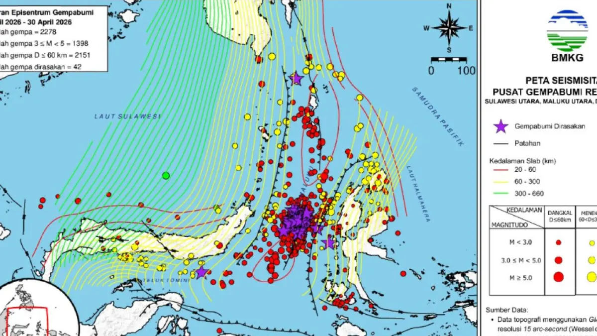 Peta sebaran gempa tektonik di wilayah Sulawesi Utara dan sekitarnya. ANTARA/HO-BMKG