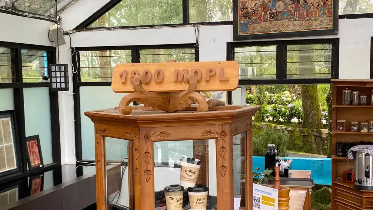 Interior Kafe Jamu Rosmarin 1800 MDPL di Tawangmangu yang memadukan konsep alam, kayu, dan suasana pegunungan sehingga menghadirkan pengalaman bersantai yang berbeda. Foto: Anggie Putri.