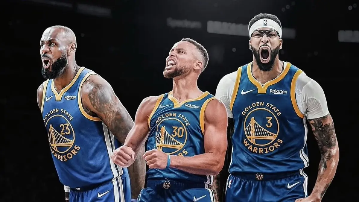 Editan Lebron James, Stephen Curry, dan Anthony Davies menggunakan seragam Warriors. (@gsw.network)