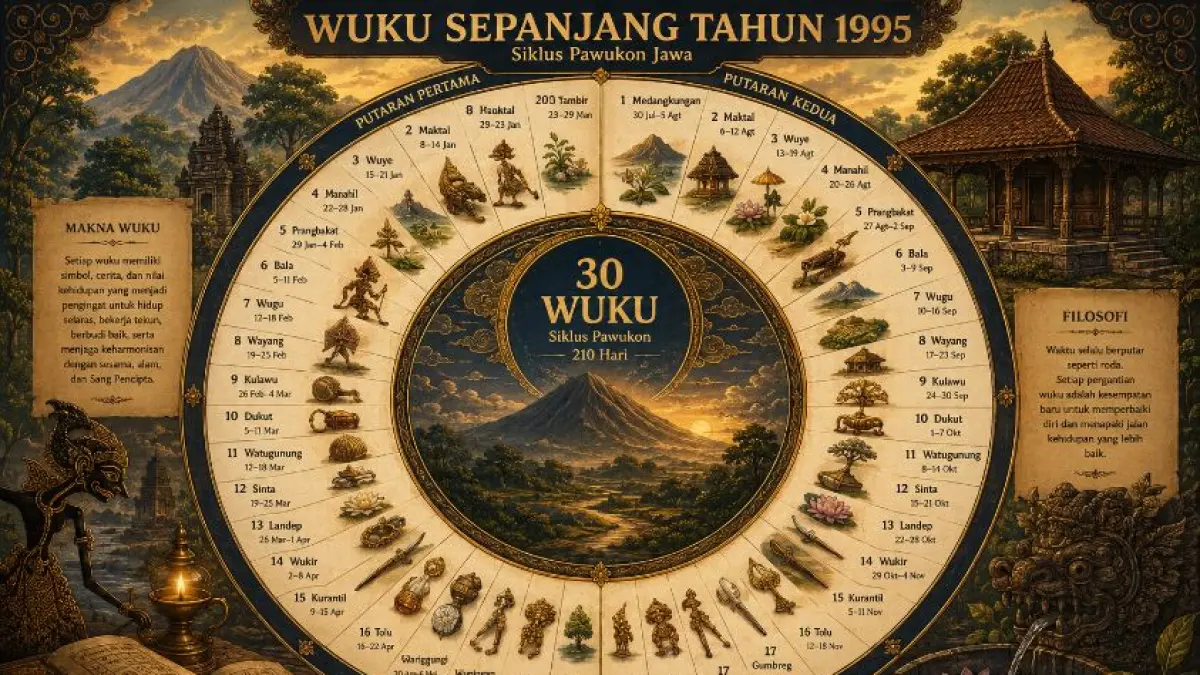 Ilustrasi sistem pawukon dengan daftar wuku yang berlangsung sepanjang 1995.