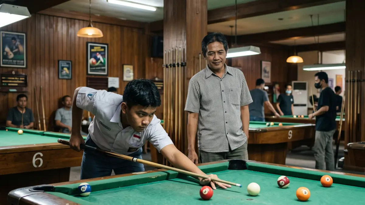 Ketika Raka Sedang Berlatih Billiard, Lalu sang Ayah Menghampiri Nya.
sumber gambar: gemini AI