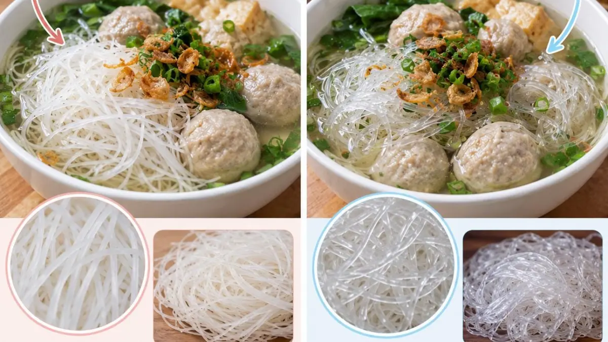 Ilustrasi perbedaan soun dn bihun di bakso