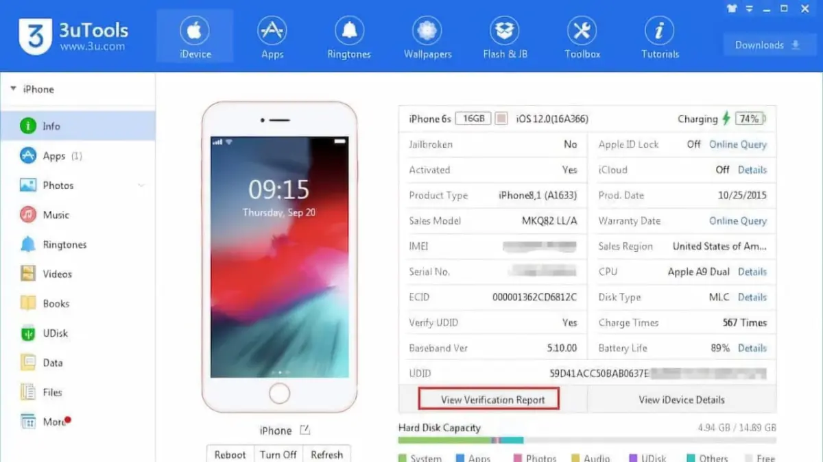 fungsi 3uTools untuk mengecek komponen ori iPhone.
sumber gambar: IDN Times