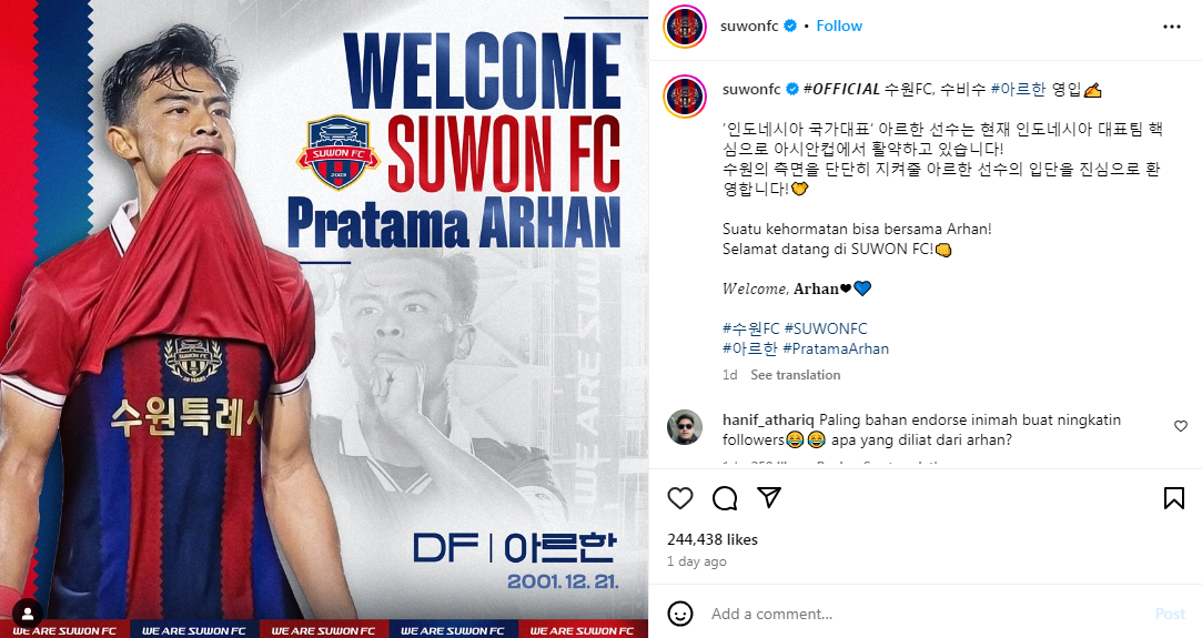 Tangkapan layar postingan Instagram Suwon FC (Instagram / suwonfc)