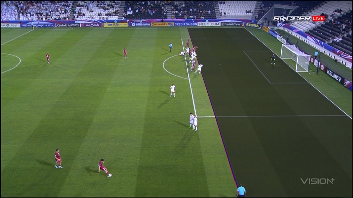 Dilihat dari VAR, Qatar tidak berada pada posisi offside saat tendangan bebas ke arah gawang Jordan pada AFC U-23 Asian Cup 2024