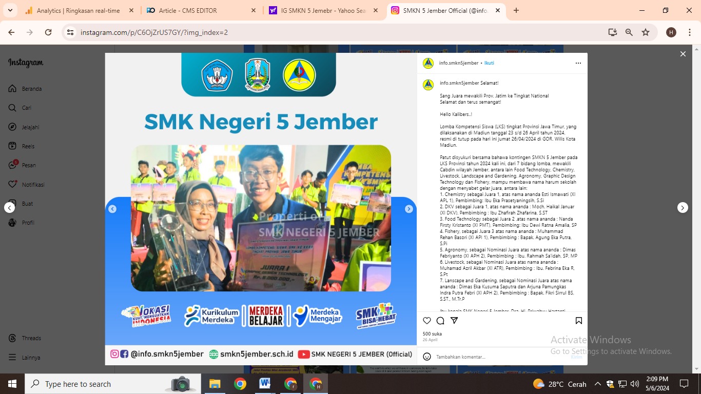 Kepala SMKN 5 Jember Priwahyu Hartanti berfoto bersama siswanya yang meraih juara 1 di LKS SMK tingkat Jatim di Madiun (Foto: instagram SMKN 5 Jember)