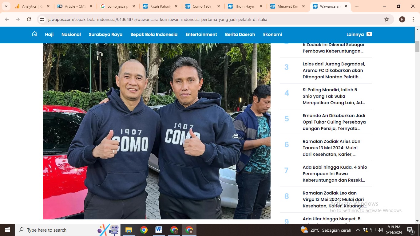 Legenda hidup Timnas Indonesia, Kurniawan Dwi Yulianto (kiri) bersama Bima Sakti saat berada di Como Italia. (Foto: Mola TV)