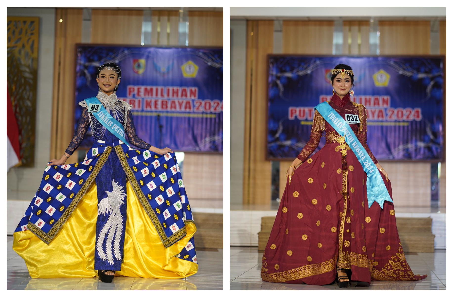 ANGGUN: Salah seorang finalis Putri Kebaya Jember 2024 menunjukan kebaya yang dipadukan dengan busana modern saat sesi catwalk. (Foto : Syam Modelling)