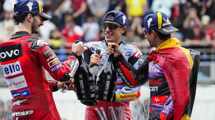 Jorge Martin, Francesco Bagnaia dan Marc Marquez saat memenangi MotoGP Prancis 2024