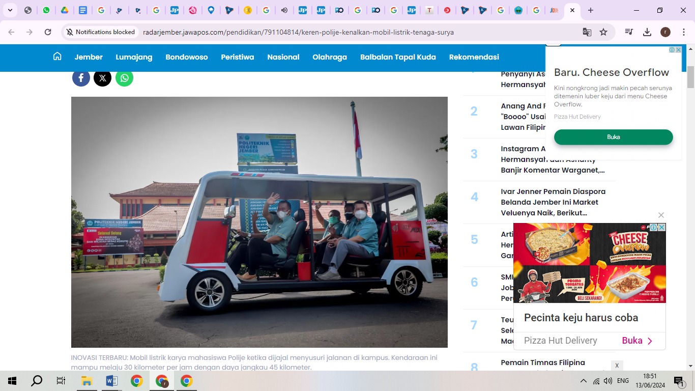 INOVASI: Mobil listrik karya Politeknik Negeri Jember (Polije). (Foto: WAWAN DWI SISWANTO/HALO JEMBER JAWA POS.COM)