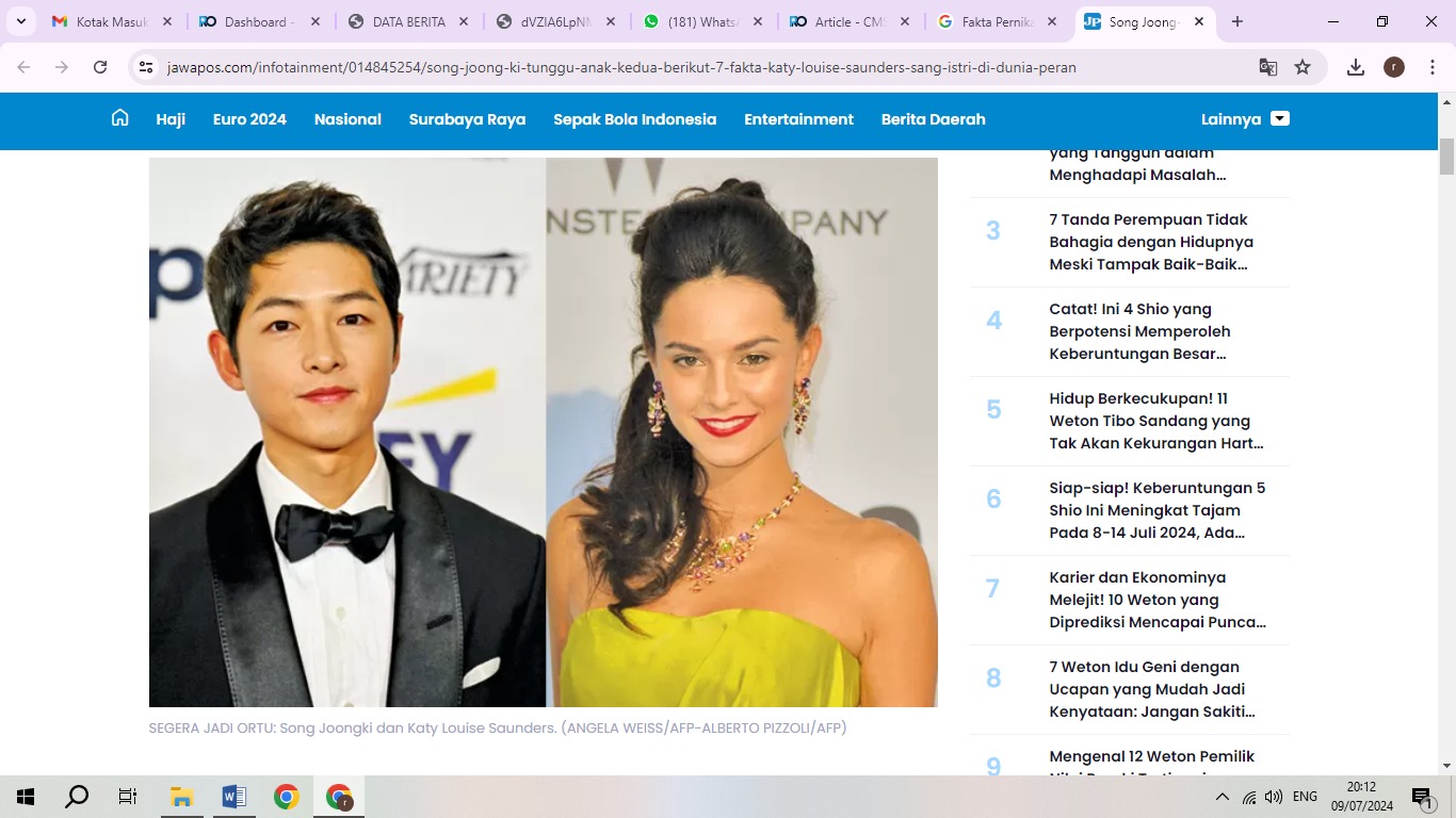 SEGERA JADI ORTU: Song Joongki dan Katy Louise Saunders. (ANGELA WEISS/AFP-ALBERTO PIZZOLI/AFP)
