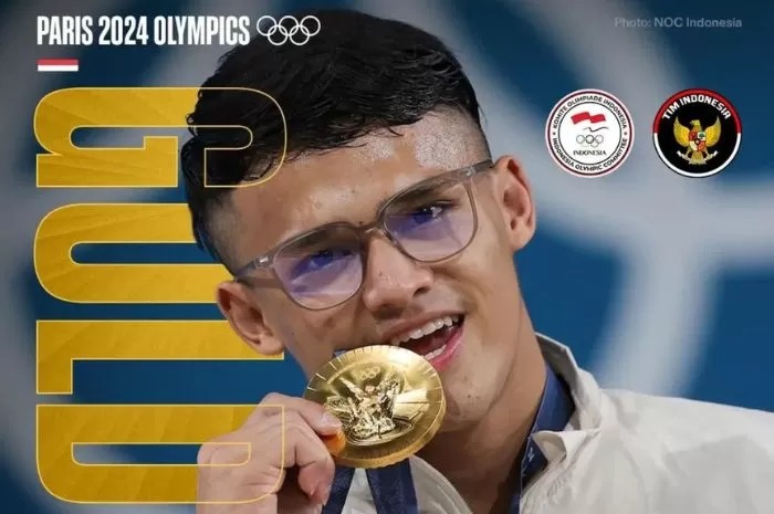 Rizki Juniansyah berhasil meraih medali emas pada Olimpiade Paris 2024. Foto: Instagram: @timindonesiaofficial