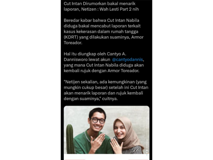 Isu Cut Intan Nabila akan cabut laporan KDRT yang dilakukan suaminya. Foto: Tangkapan layar @ba***tetangga_