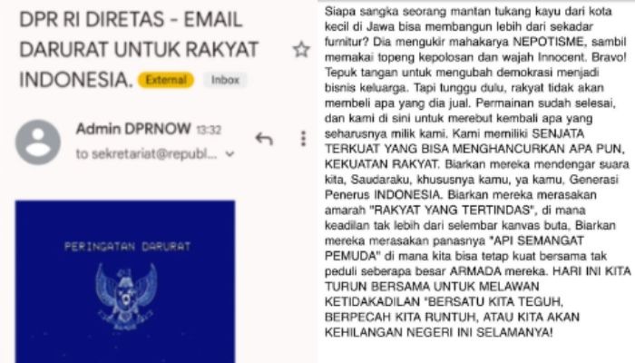 Email milik DPR diduga diretas dan mengirimkan pesan yang berisi perlawanan. Foto: Narasi
