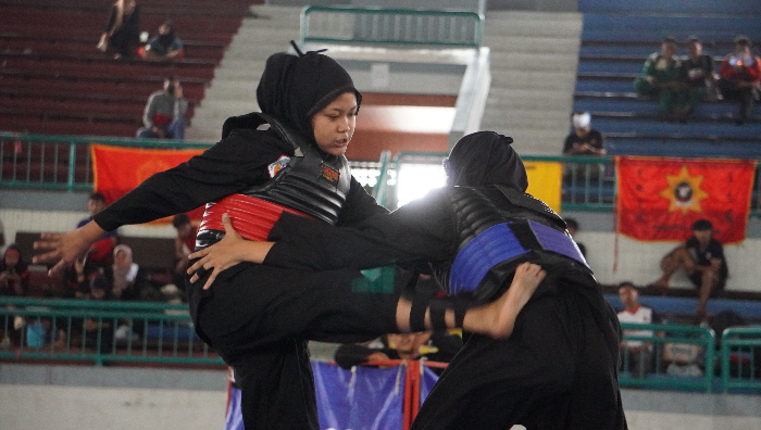 BERTANDING: Pesilat Jember unjuk keahliannya pada Kejurkab Pencak Silat Jember di GOR PKPSO Kaliwates, Juli 2024 lalu. (YULIO FA/RADAR JEMBER)