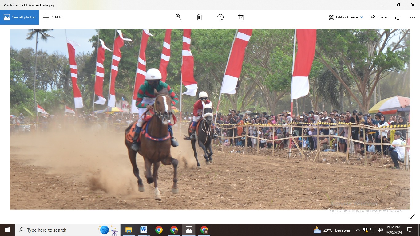 Kuda Abdi Dhalem (kiri) dari Kabupaten Pasuruan melaju lebih cepat dari kuda Ratu Sadeng asal Jember (kanan), di arena Bupati Cup Pacuan Kuda Jember, Agustus lalu, (M ADHI SURYA/RADAR JEMBER)