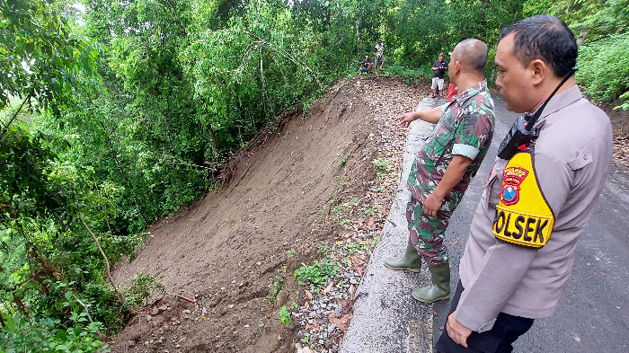 BERBAHAYA: Anggota TNI dan polisi mengecek kondisi tanah longsor di bibir jalan menuju Pantai Bandealit, Desa Andongrejo, Tempurejo, pada awal Desember 2024 lalu. JUMAI/RADAR JEMBER