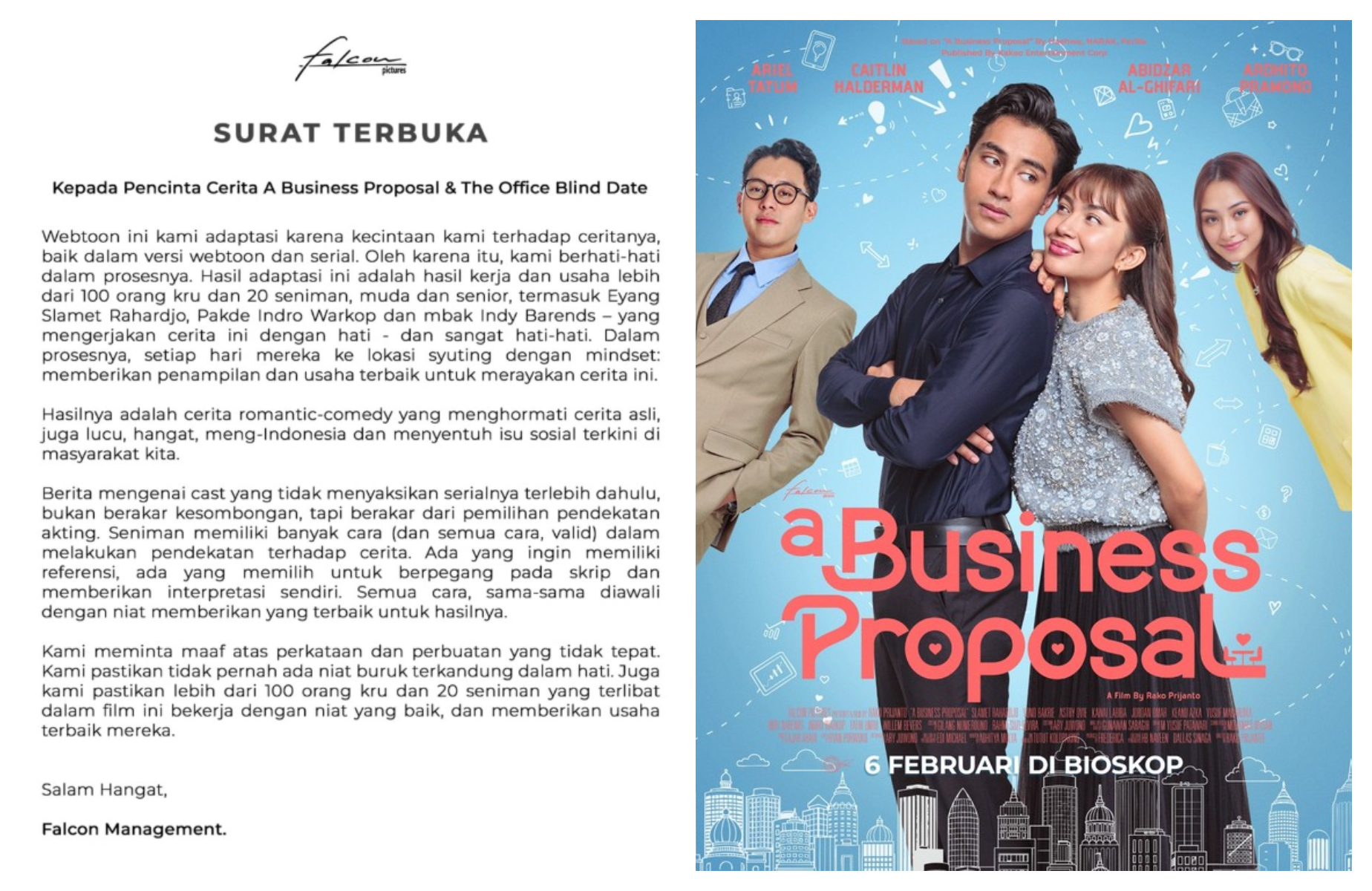 Surat terbuka dari Falcon Picture rumah produksi film a Business Proposal meminta maaf karena sebelum tayang perdana (Instagram)