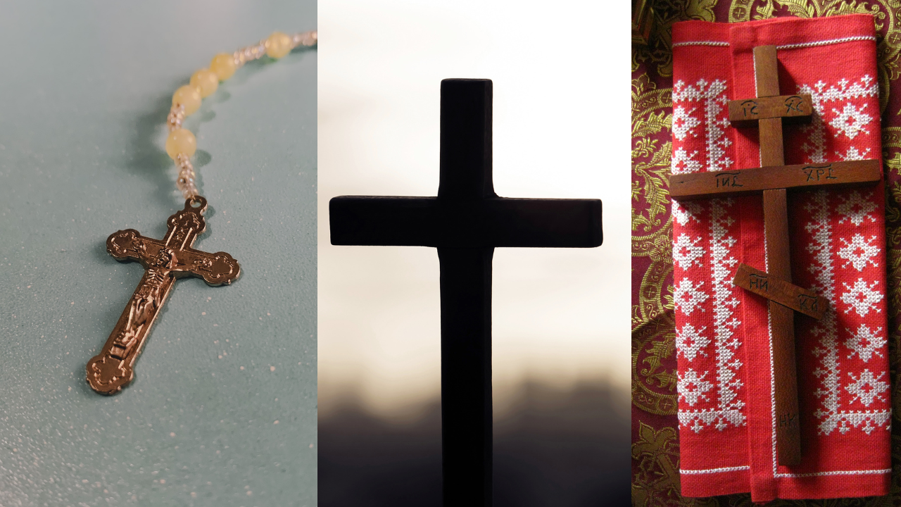 Tanda salib Agama Katolik (kiri), Kristen (tengah), Kristen Ortodox (kanan). (Canva)