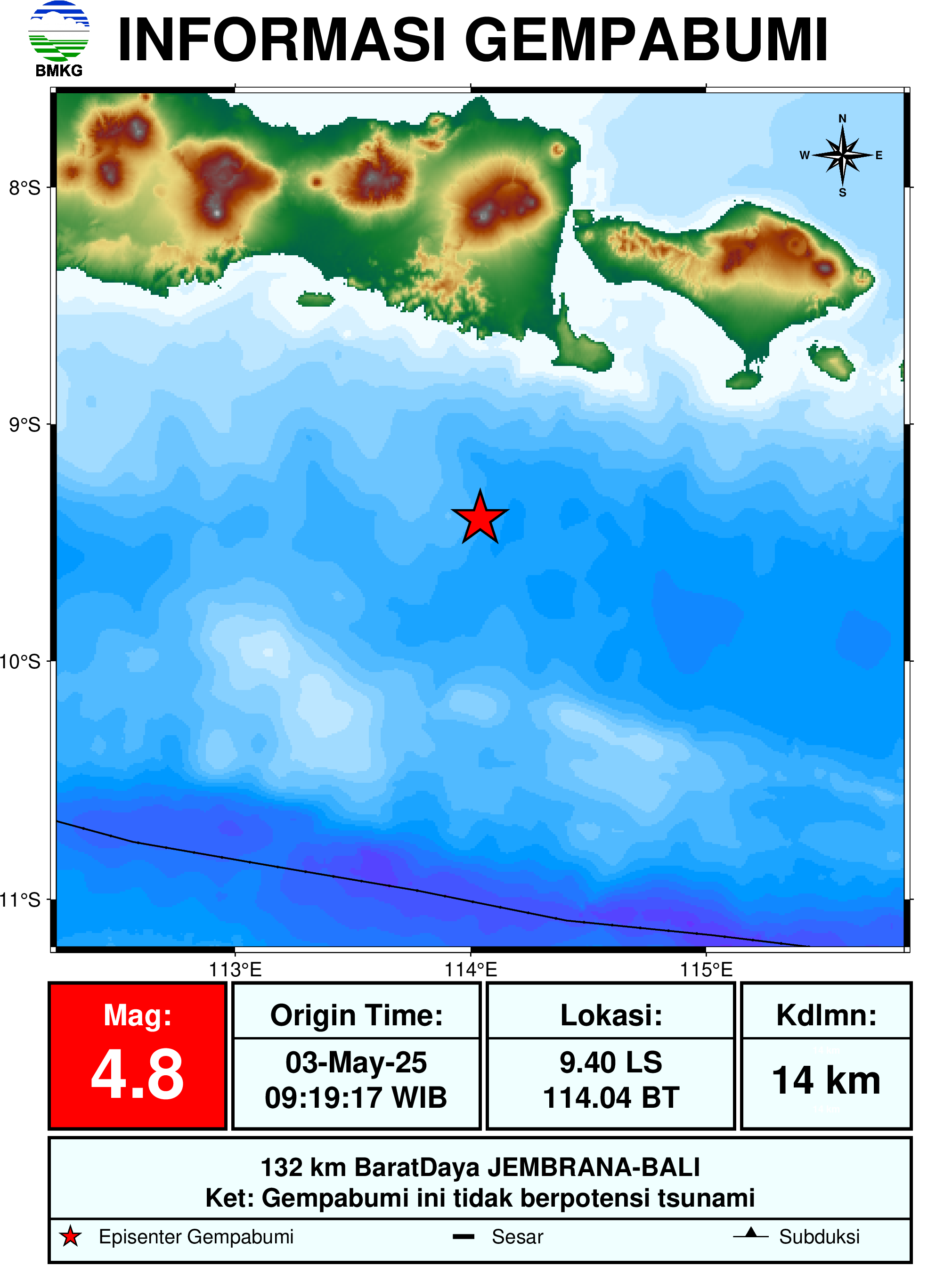 LOKASI GEMPA: Tangkapan layar gempa bumi tektonik dari BMKG Denpasar, Sabtu (3/5/2025). Gempa ini juga dirasakan sebagian warga Jember. (Foto: X @BMKG_Denpasar)