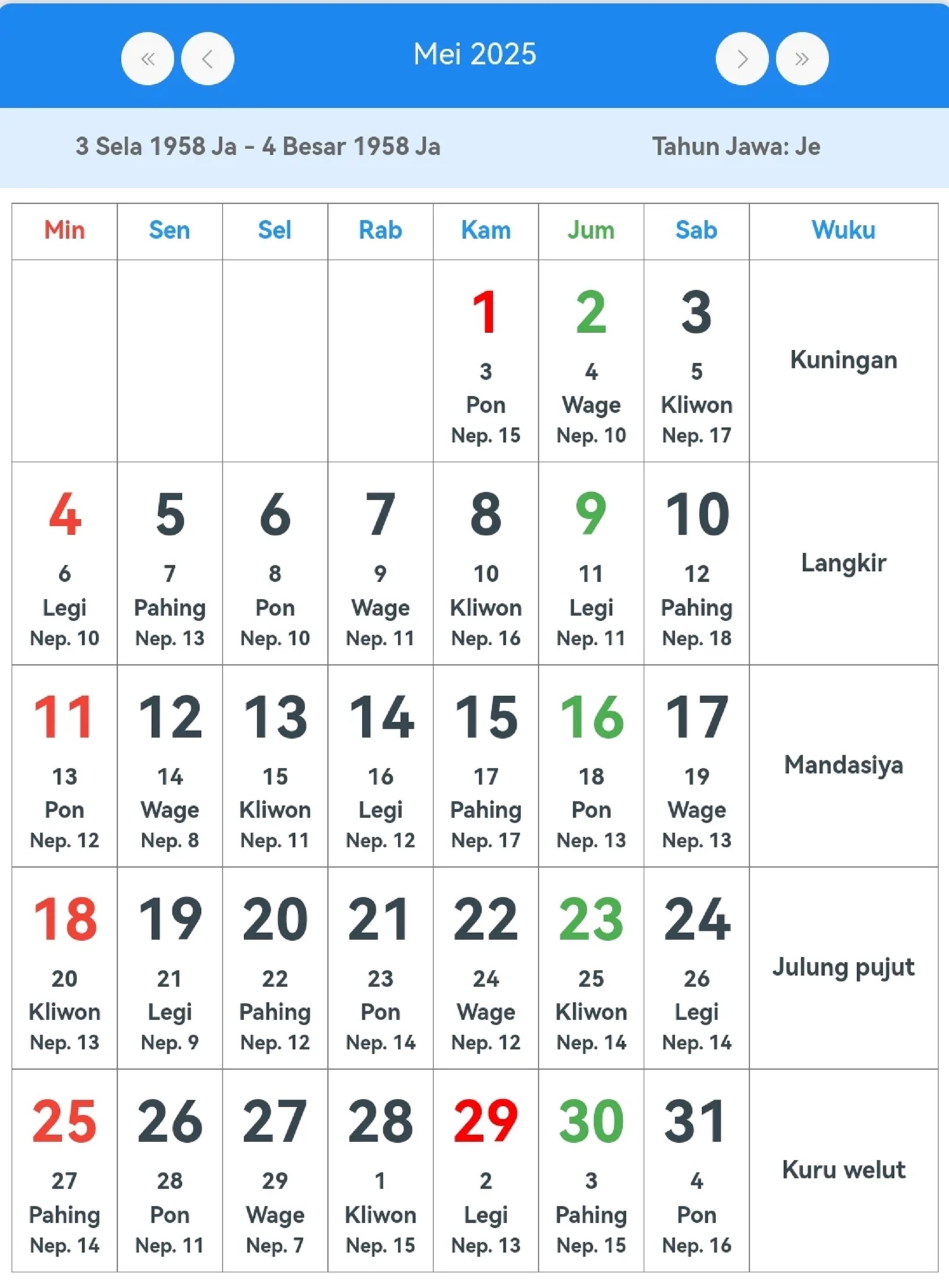 Kalender Jawa bulan Mei 2025. (Foto: kalenderize.com)