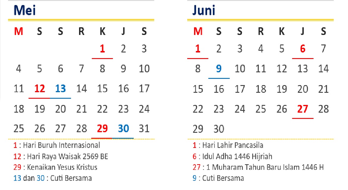 Kalender Libur Mei dan Juni. (UT)
