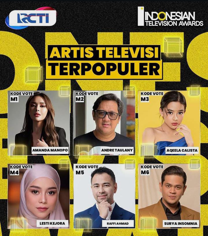 Nominasi artis terpopuler di Indonesian Televisi Awards ITA 2025. Amanda, Aqeela, Andre, Lesti, Raffi, Surya. (Dok. Instagram