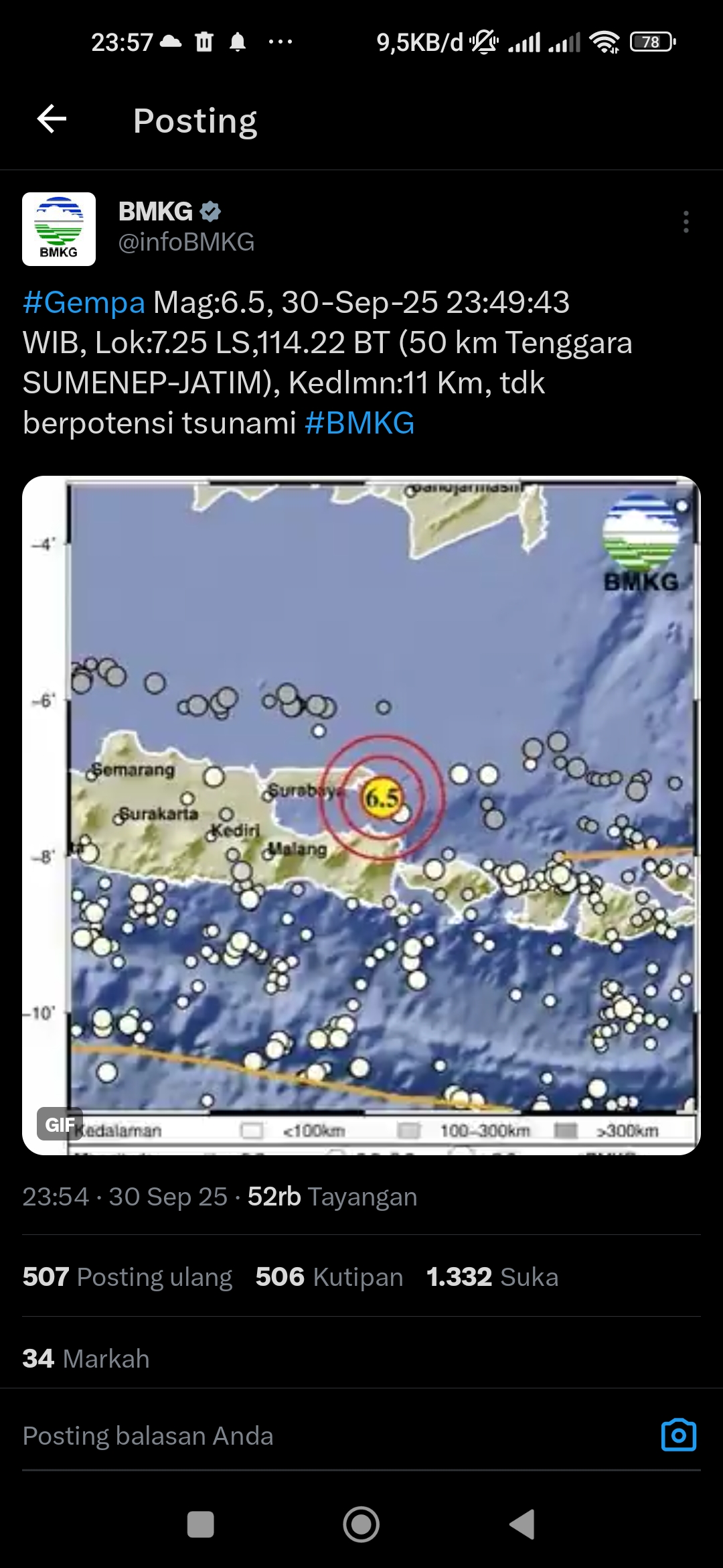Gempa bumi Magnitudo 6.5 di Sumenep, Jawa Timur