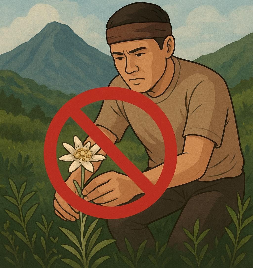 Di balik keindahannya, edelweis adalah simbol abadi yang harus dilindungi. Memetiknya bukan kebanggaan, tapi pelanggaran hukum.Dok&nbsp;(Ilustrasi&nbsp;AI)