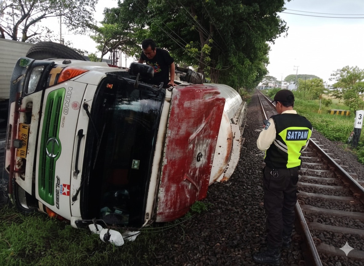 Kondisi truk yang terguling antara Stasiun Bangil-Porong sangat dekat dengan jalur KA sehingga mengganggu perjalanan KA, khususnya KA jurusan Jember yang terlambat hingga tiga jam, Kamis (13/11/2025).