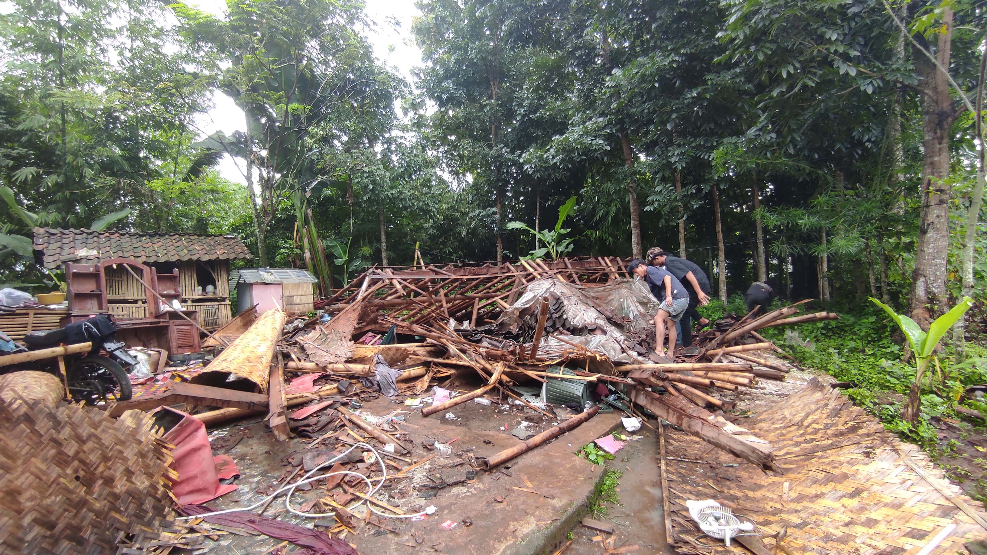 Rumah Supo, warga Desa Candijati, Kecamatan Arjasa, Jember ambruk setelah diterjang hujan deras disertai angin kencang. Satu orang tertimpa dan alami luka.