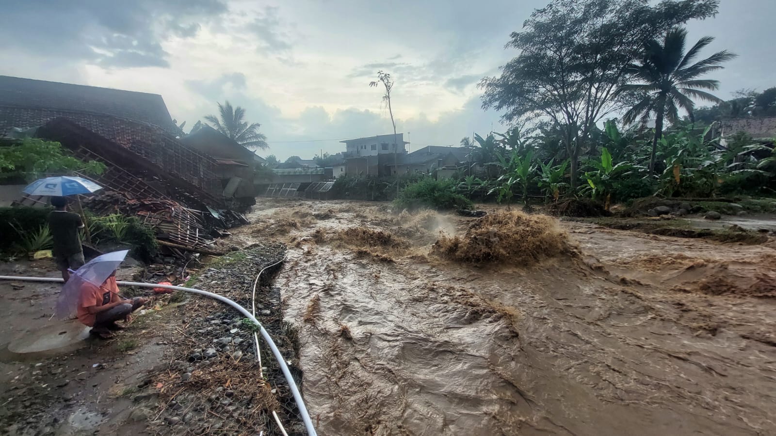 Kondisi debit air Sungai Petung Desa Pakis Kecamatan Panti Jember yang meningkat. Air ini membawa batu besar dan membuat warga cemas.