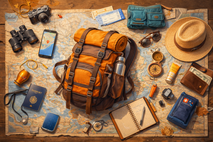 Ilustrasi keperluan traveling (Vio/AI)