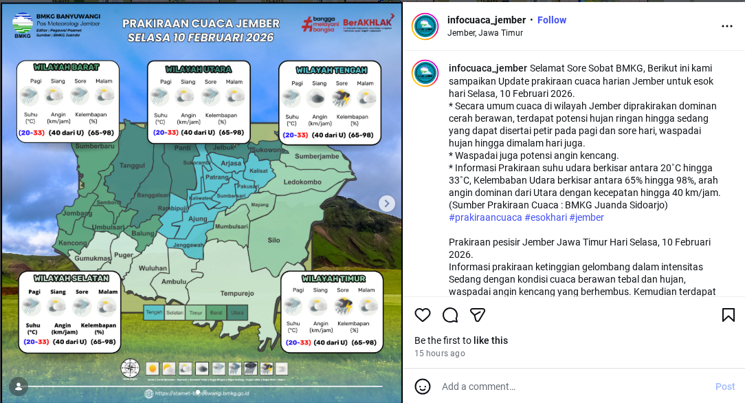 Prakiraan cuaca Jember hari ini, 10 Februari 2026, Hujan disertai petir mengintai