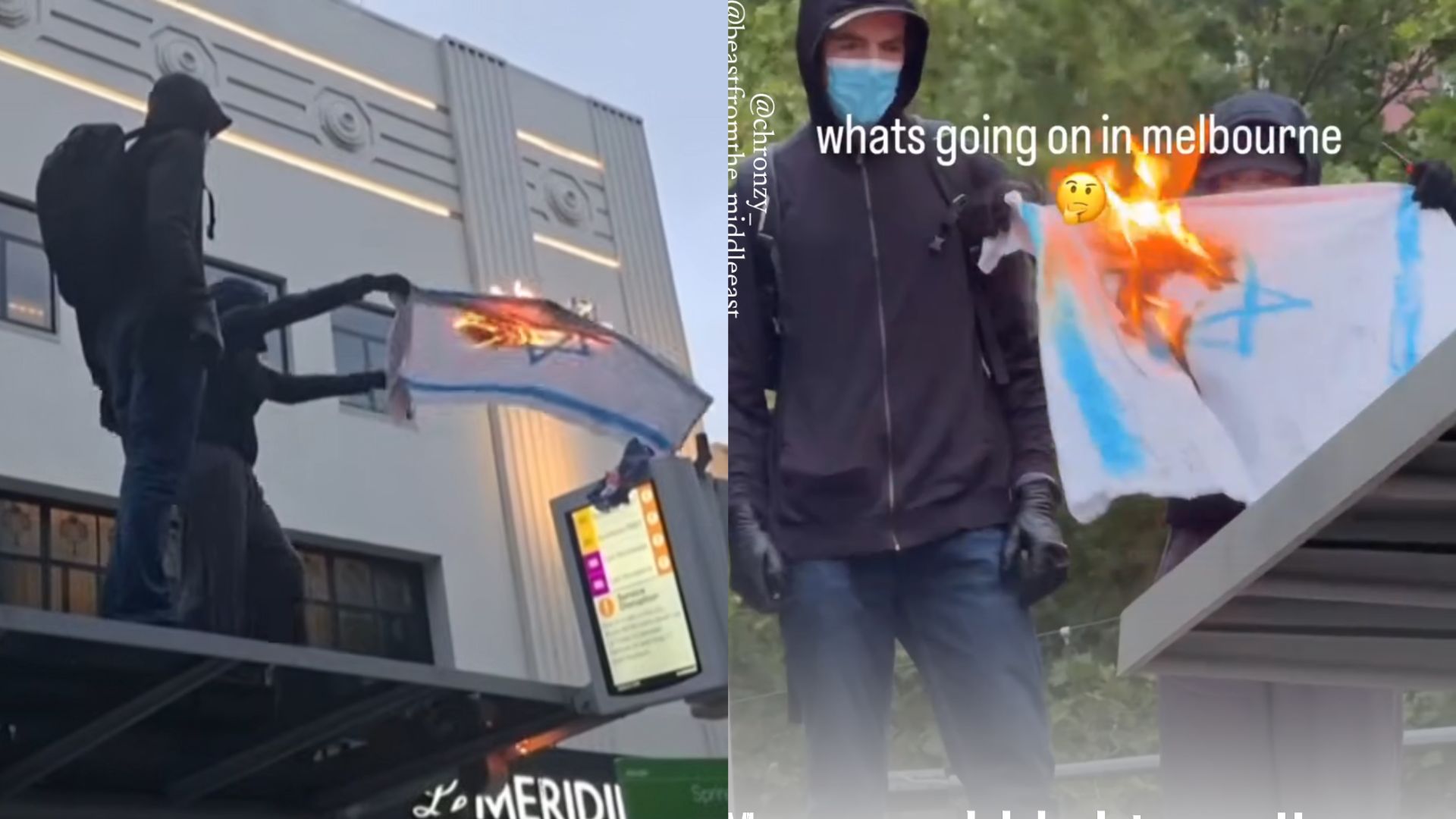 BAKAR BENDERA: Aksi pembakaran bendera Israel yang dilakukan demonstan di Melbourne Australia (foto: isrimewa)