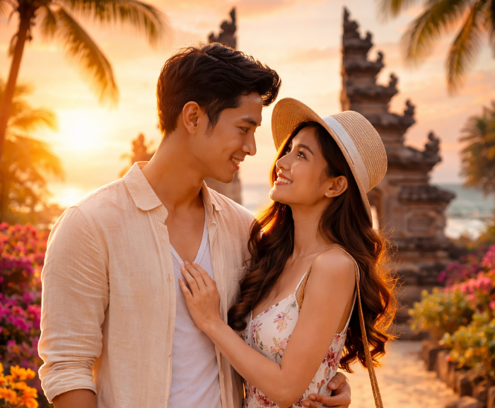 Ilustrasi liburan romantis di Bali (Ona/AI)
