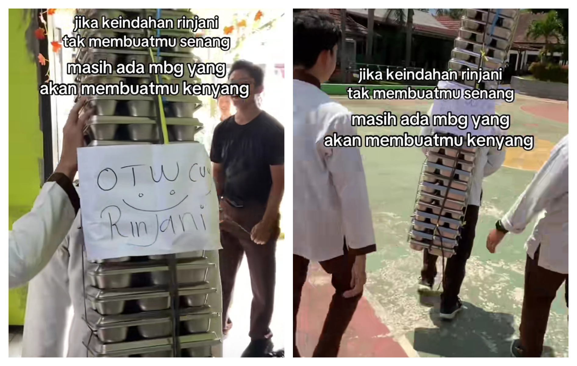 Sekelompok pelajar membuat tumpukan ompreng MBG terlihat seperti carrier. (TikTok: @thetwelveone)