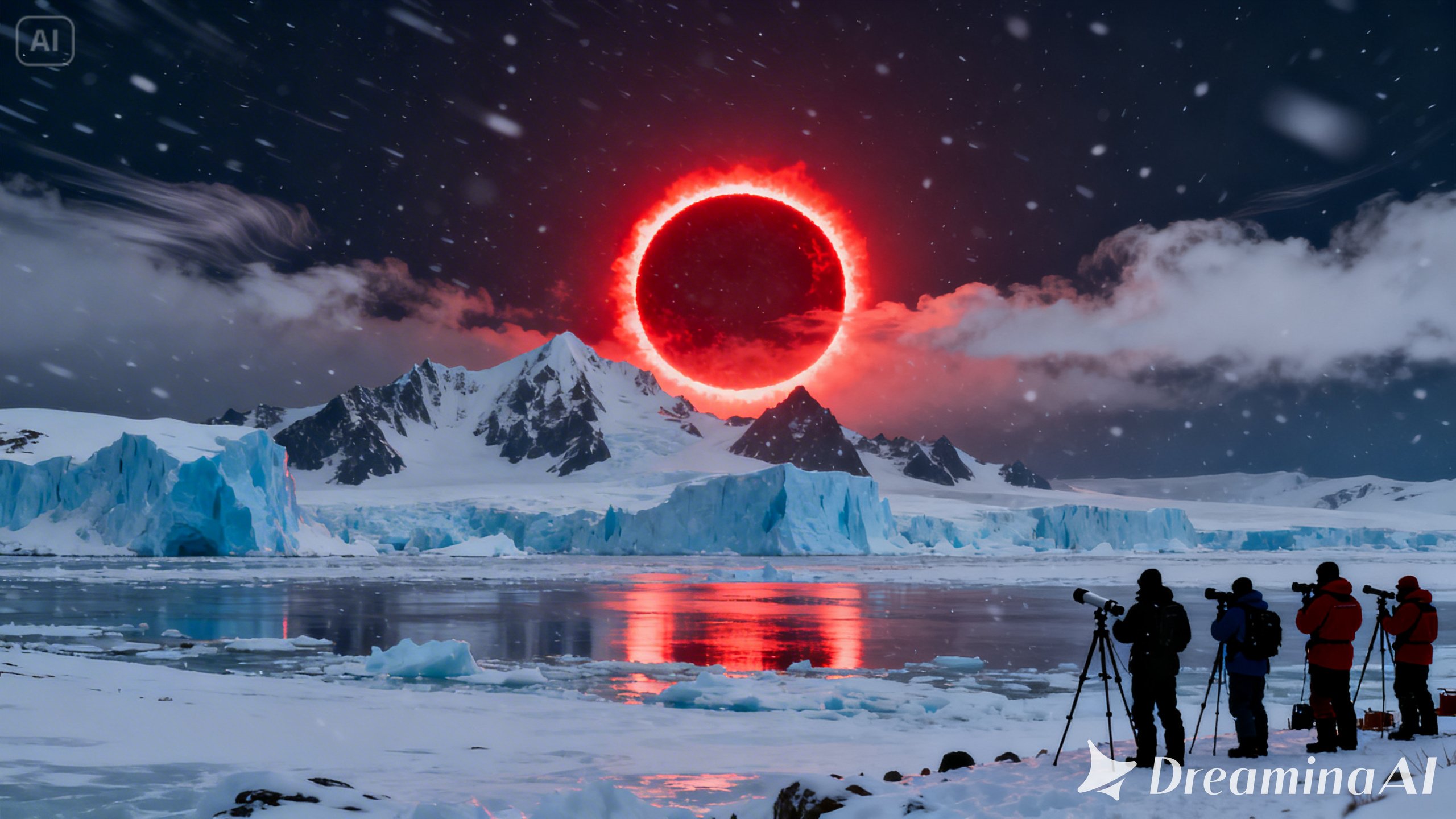 ILUSTRASI: Gambar gerhana matahari cincin api yang akan terjadi 17 februari mendatang di Antartika (Foto: Dreamina AI)