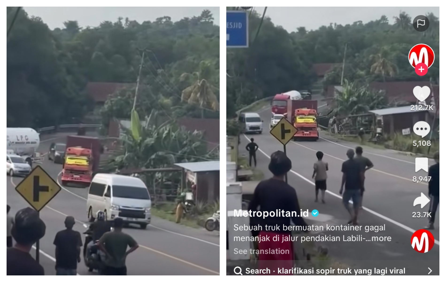 Tangkapan layar sebuah video viral yang merekam detik-detik truk kontainer berjalan mundur karena jalan menanjak (TikTok)