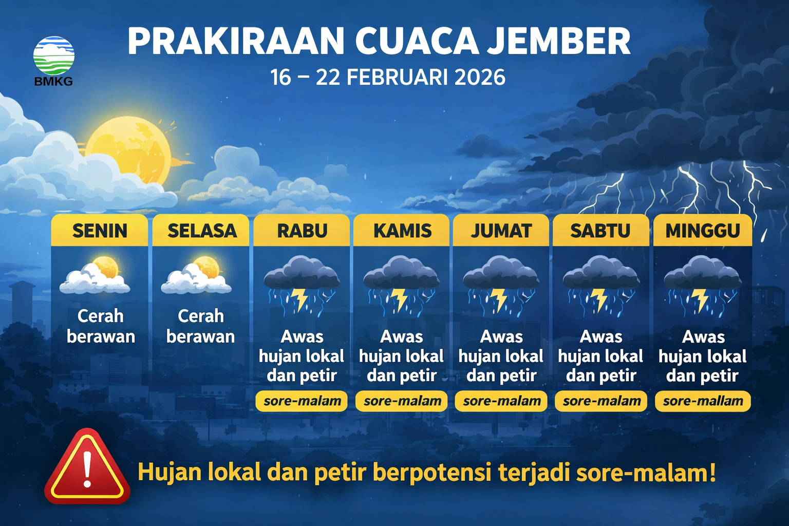 Prakiraan Cuaca Mingguan Jember 16&ndash;22 Februari 2026: BMKG ingatkan potensi Hujan&nbsp;Lebat&nbsp;dan Petir