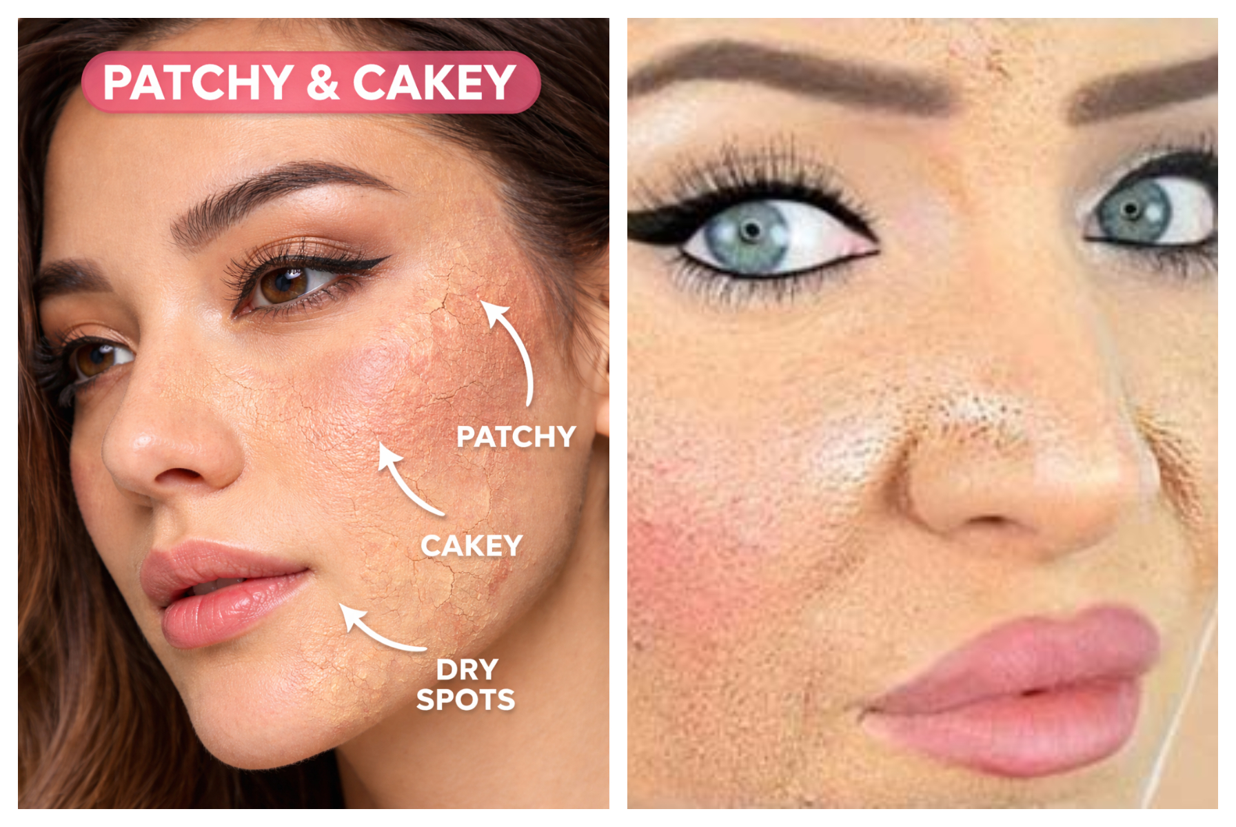 Ilustrasi make up cakey dan patchy (Ona/AI)