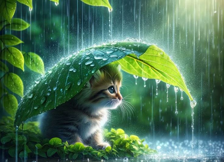Ilustrasi hujan dan seekor anak kucing. (Foto: Els vandenDungen-Pinterest)