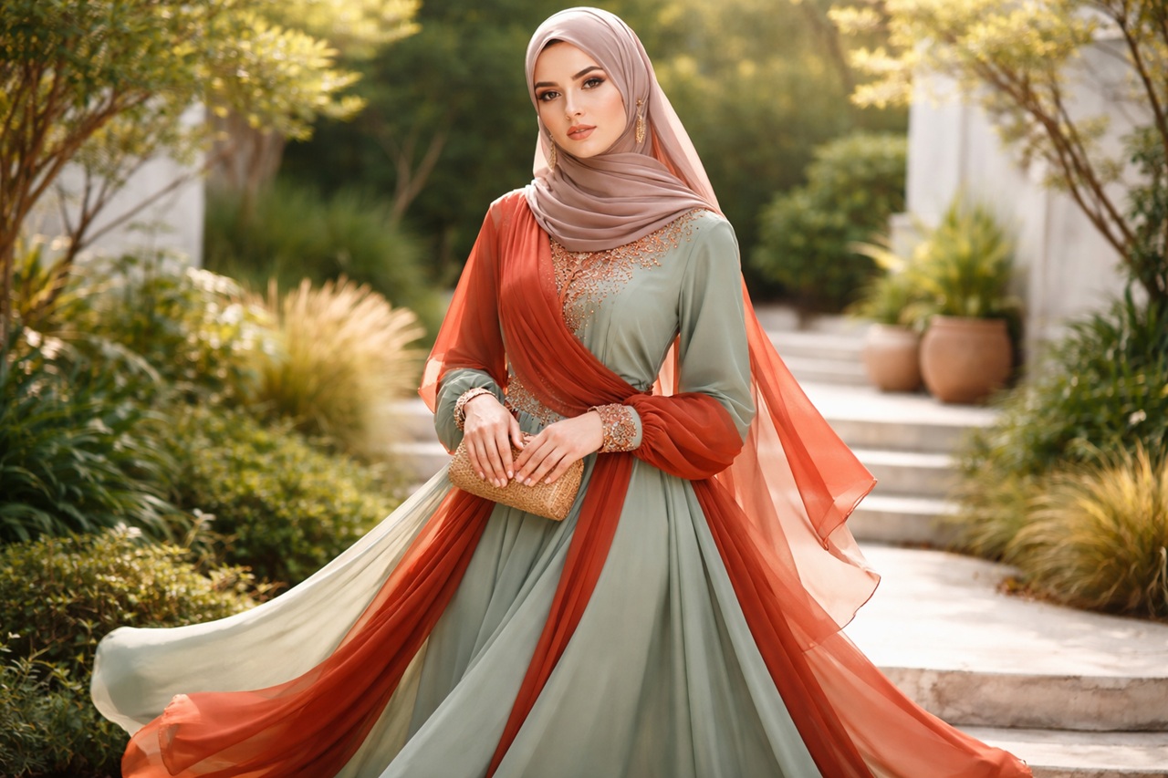 Anggun dan Berkelanjutan: Koleksi busana muslim 2026 yang memadukan warna pastel menenangkan dengan material ramah lingkungan untuk menyambut Idul Fitri. (AI)