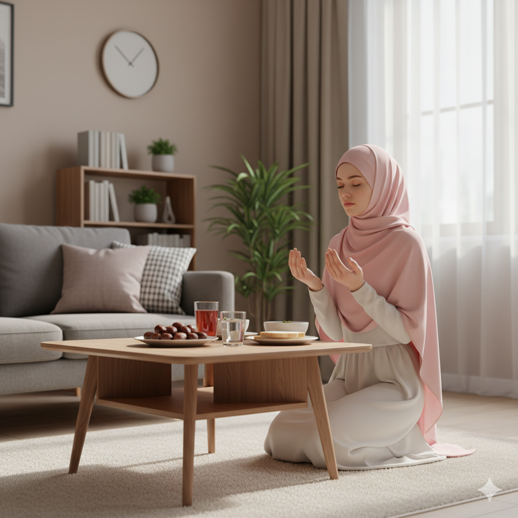 Ilustrasi seorang muslim hendak berbuka puasa (gemini ai/Yulio)