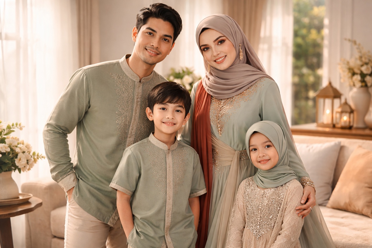 Kombinasi warna earth tone dan pastel diprediksi akan menjadi tren paling diburu untuk baju Lebaran 2026 karena memberikan kesan hangat dan sangat fotogenik untuk momen spesial keluarga. (AI)