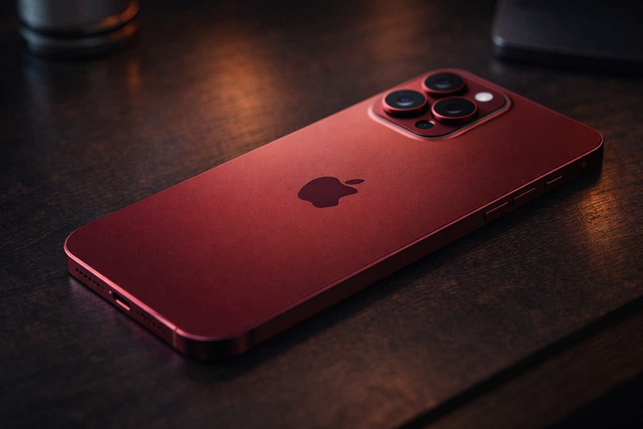 Bocoran iPhone 18 Pro Max memperlihatkan varian warna deep red atau burgundy yang diprediksi akan menjadi tren warna baru untuk segmen premium Apple pada September 2026. (RIFKI/AI)