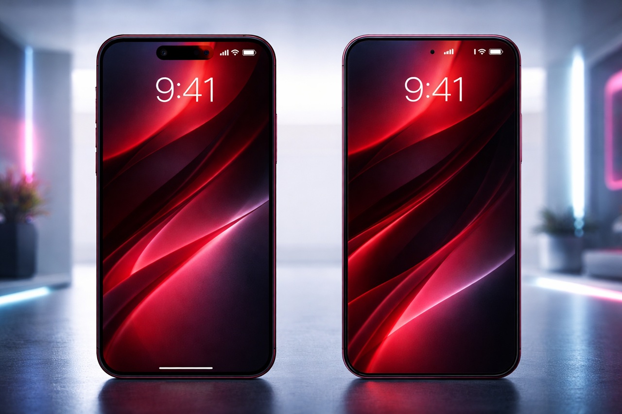 Perbandingan visual antara desain layar Dynamic Island (kiri) dan rumor layar penuh Under-Display FaceID pada iPhone 18 Pro Max (kanan). (RIFKI/AI)
